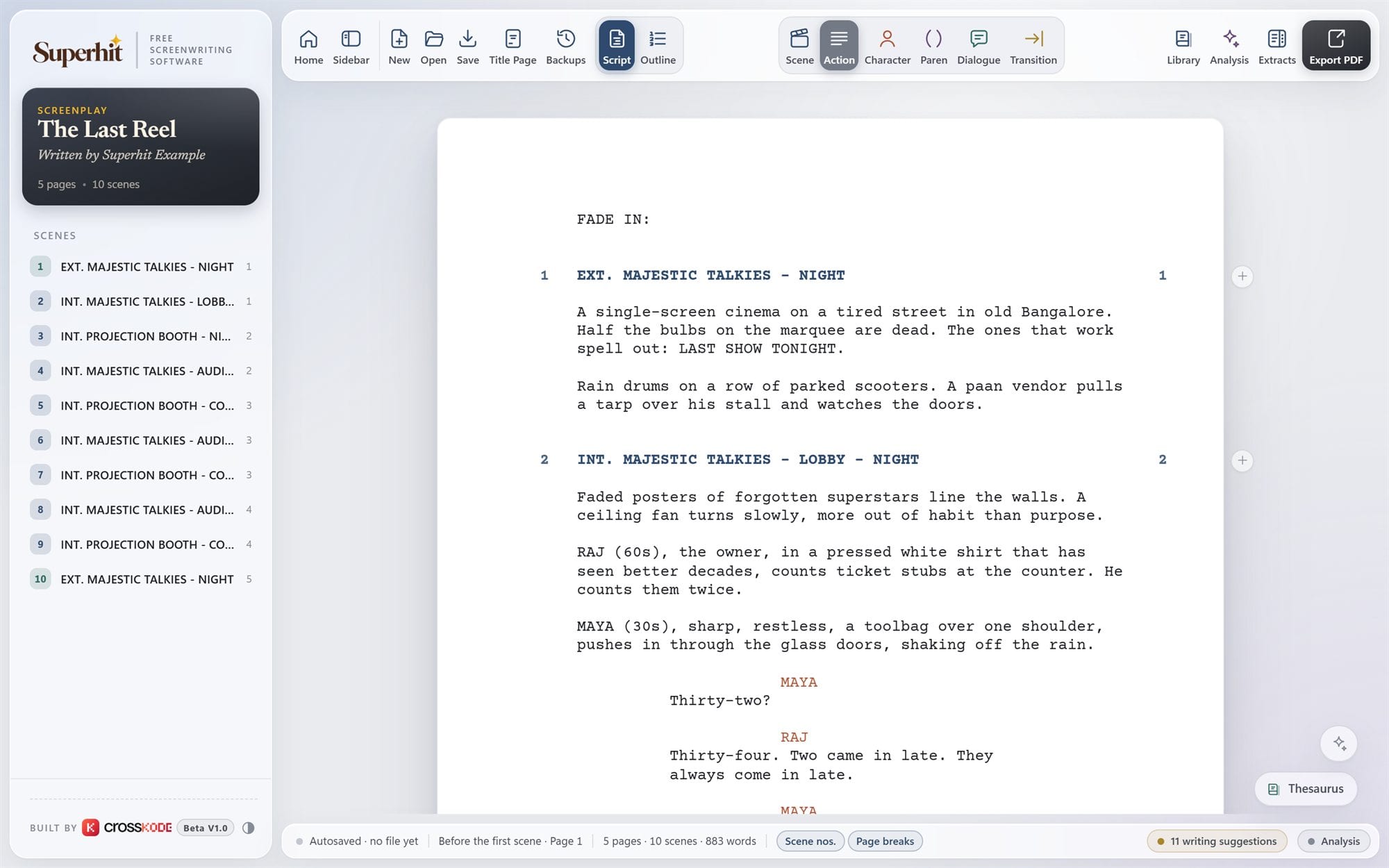 The Superhit editor: a screenplay page with numbered scene headings, the scene list in the sidebar, and the element toolbar.
